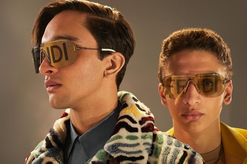 Models Noah and Jethro Sapon wears statement sunglasses from Fendi's fall-winter 2020 collection.