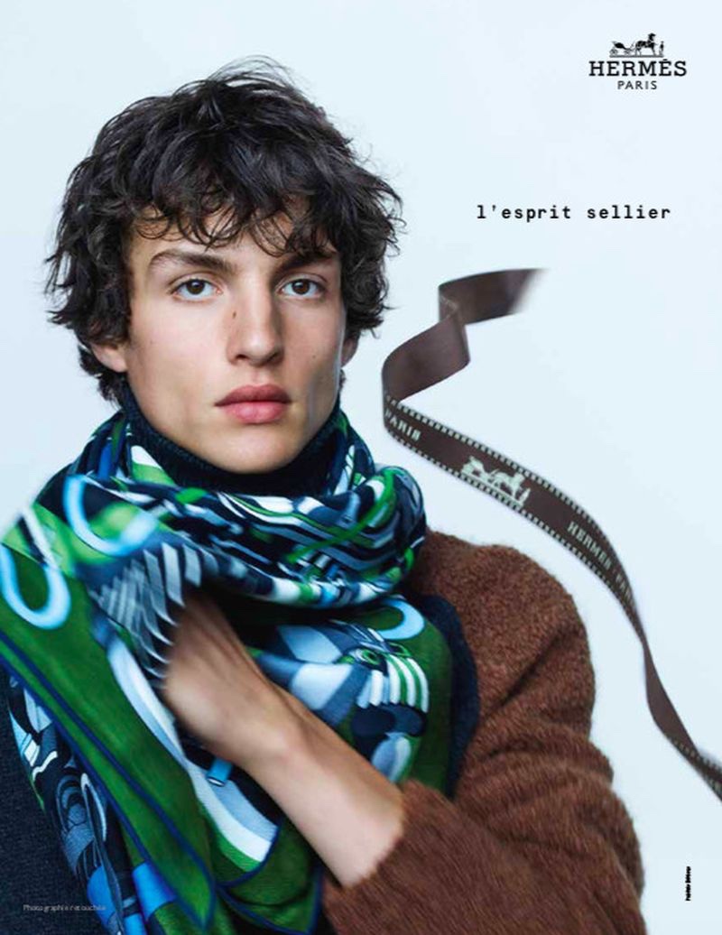 Lucas El Bali dons a chic scarf for Hermès's fall-winter 2020 men's campaign.