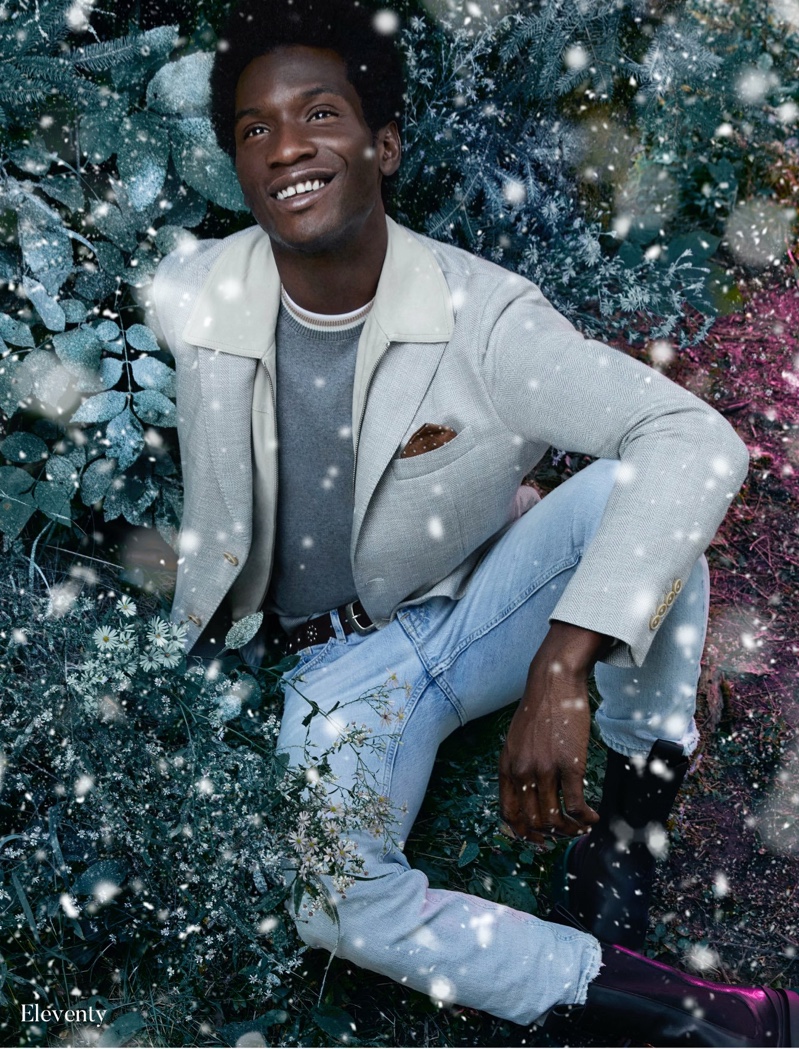 Reuniting with Holt Renfrew for the holidays, Adonis Bosso models a contemporary look from Eleventy.