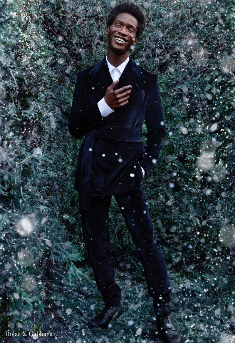 A dapper vision, Adonis Bosso dons an elegant evening number by Dolce & Gabbana for Holt Renfrew.