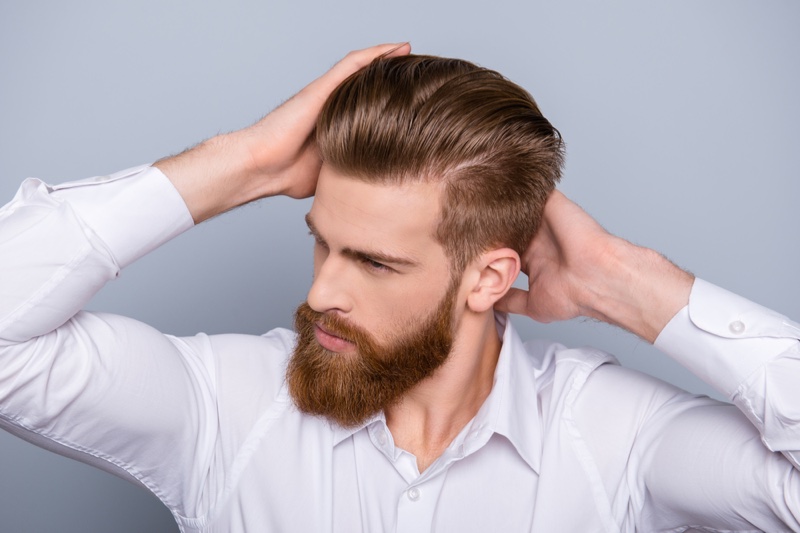 Male Model Professional Haircut Beard Touching Hair