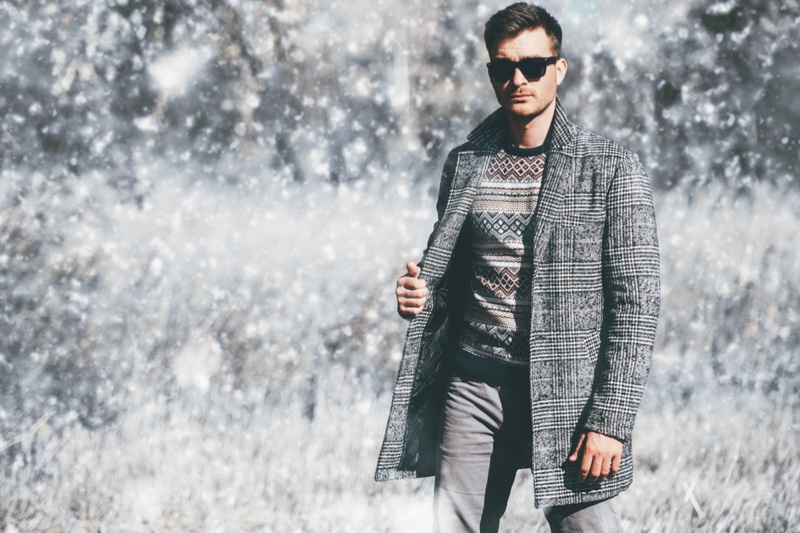 Male Model Winter Outfit Snow Plaid Jacket Sweater Sunglasses