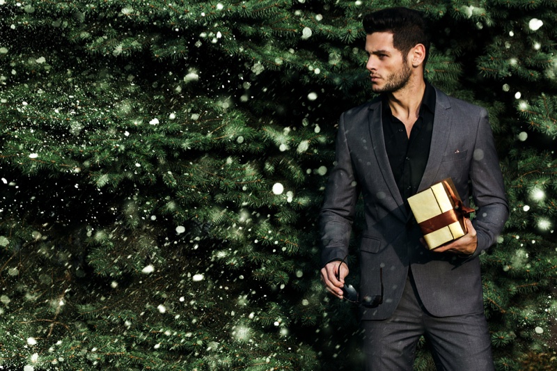 Man Grey Suit Gold Gift Box Christmas