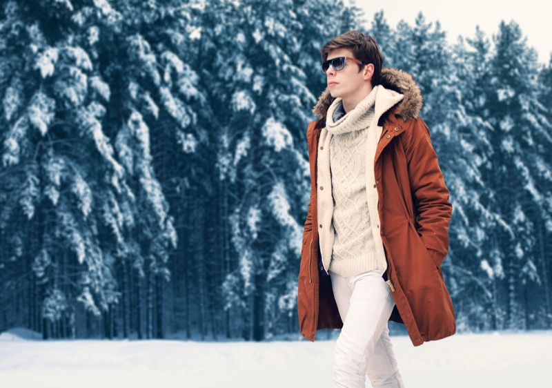 Man Outdoors Winter Jacket Sunglasses Sweater
