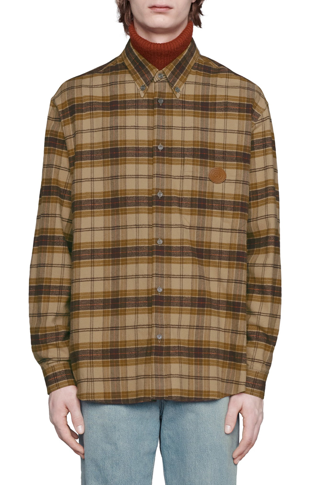 Men’s Gucci Plaid Logo Leather Patch Flannel Button-Down Shirt | The ...