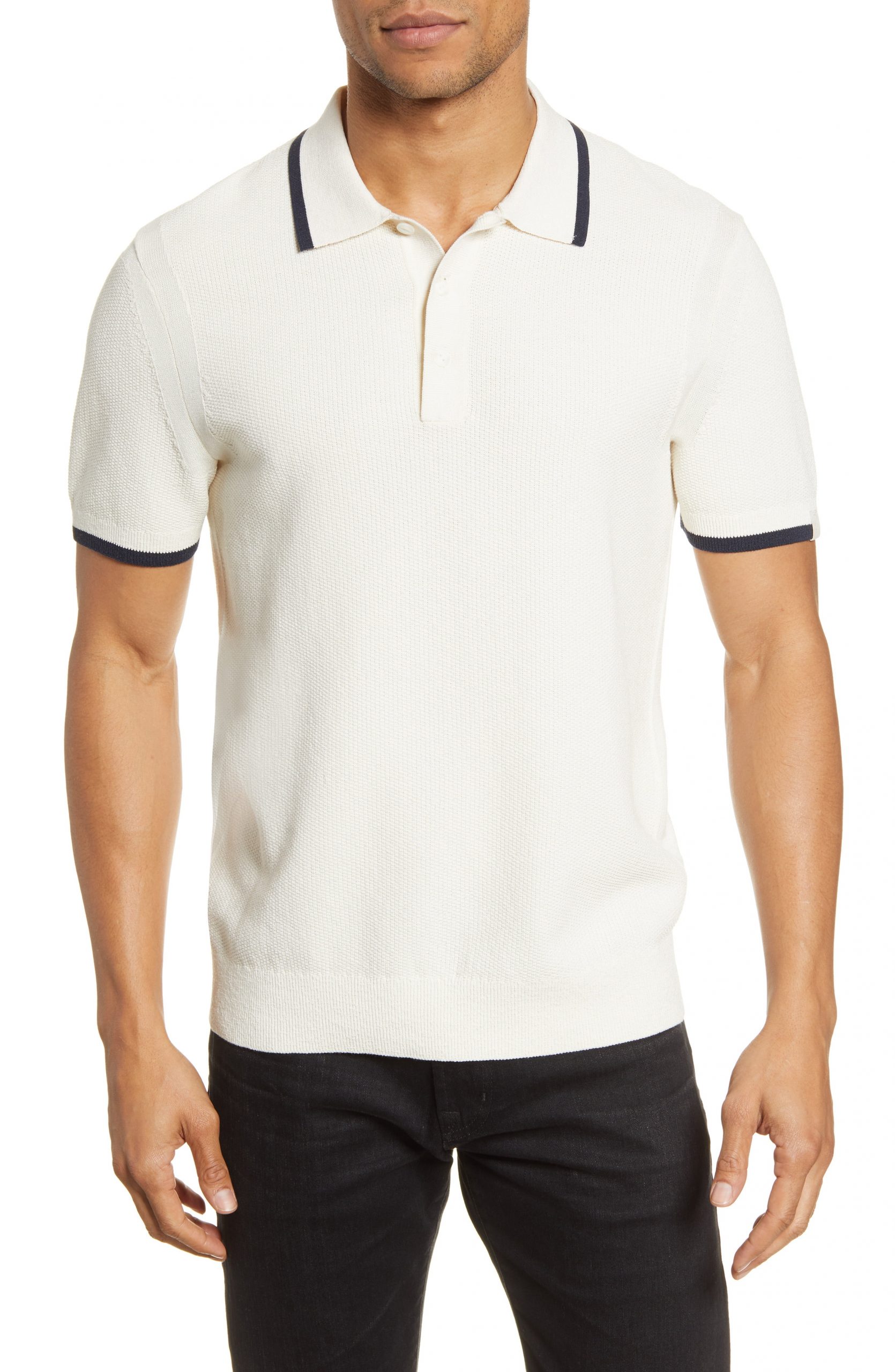 Polo Shirt Mens Zipper Collar White Chocolate Brown Striped Fashion Short Sleeve