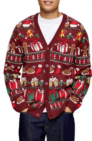Men's Topman Christmas Cardigan, Size Small - Burgundy Men's Topman Christmas Cardigan, Size Small - Burgundy