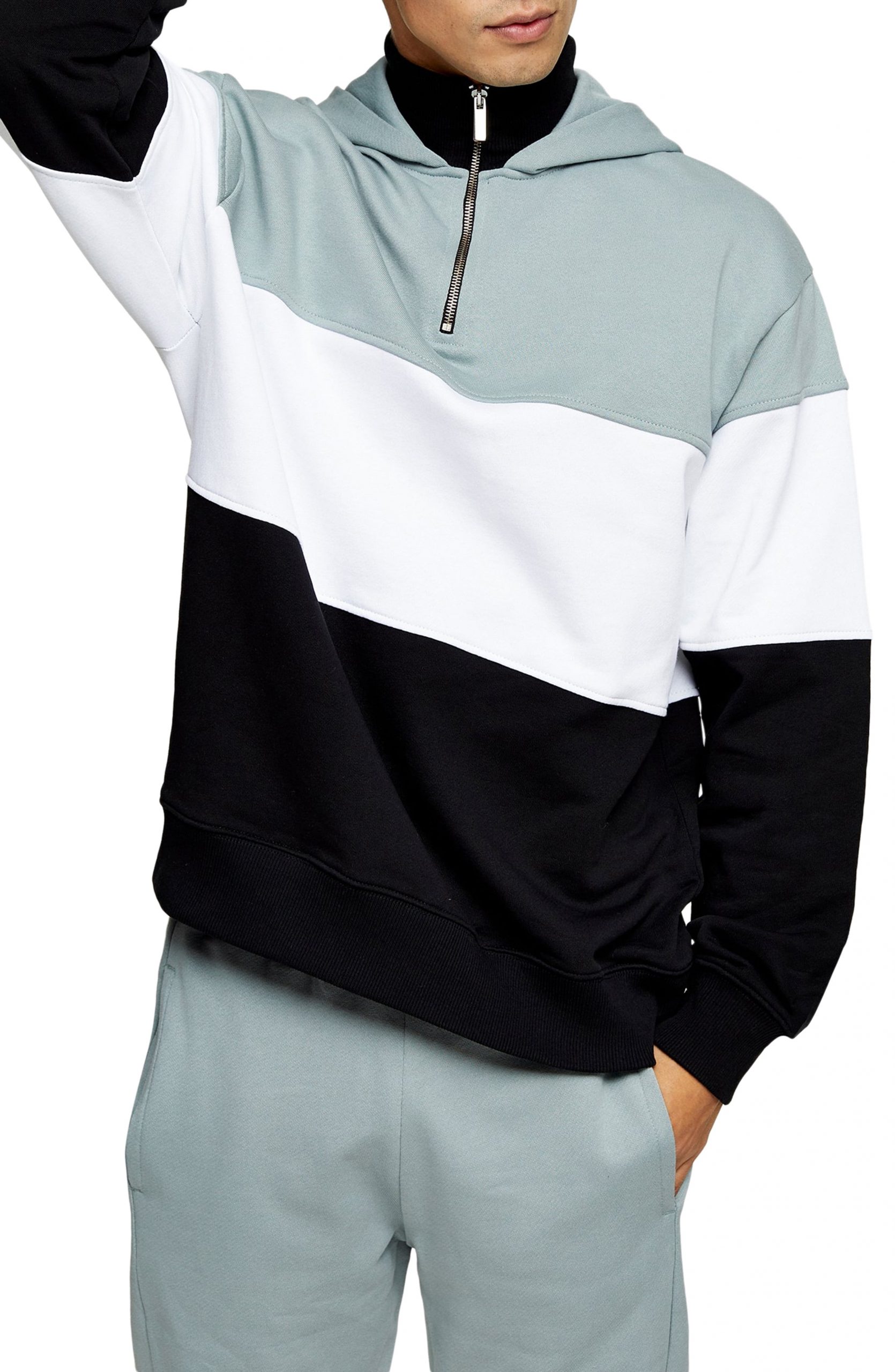 Download Men's Topman Colorblock Quarter Zip Mock Neck Hoodie, Size ...