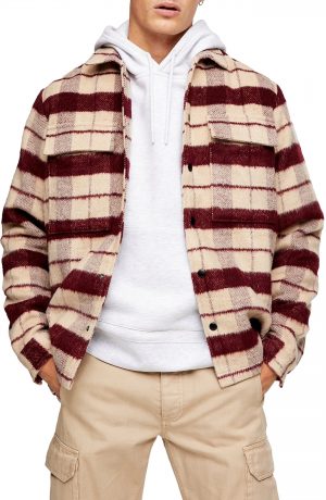 Men's Topman Fluffy Check Plaid Button-Up Shirt, Size Large - Burgundy Men's Topman Fluffy Check Plaid Button-Up Shirt, Size Large - Burgundy