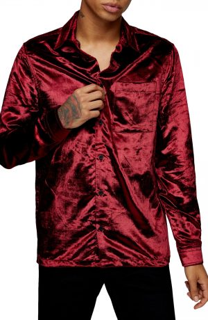 Men's Topman Slim Fit Velvet Shirt, Size Large - Burgundy Men's Topman Slim Fit Velvet Shirt, Size Large - Burgundy
