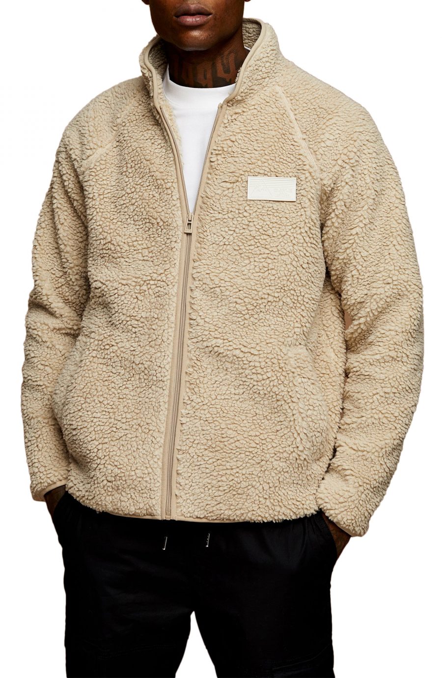 Men’s Topman Teddy Fleece Jacket, Size Large Beige The