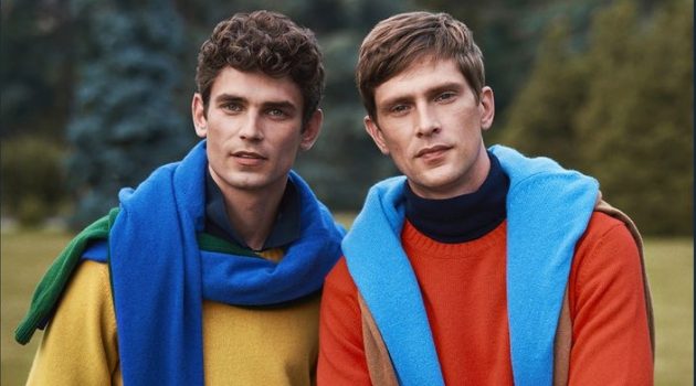Arthur & Mathias Make a Case for Timeless Style with OVS PIOMBO Fall '20 Campaign Models Arthur Gosse and Mathias Lauridsen don colorful sweaters for OVS PIOMBO's fall-winter 2020 campaign.