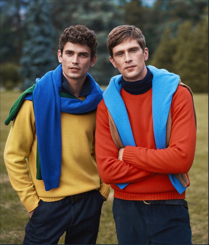 Models Arthur Gosse and Mathias Lauridsen don colorful sweaters for OVS PIOMBO's fall-winter 2020 campaign.