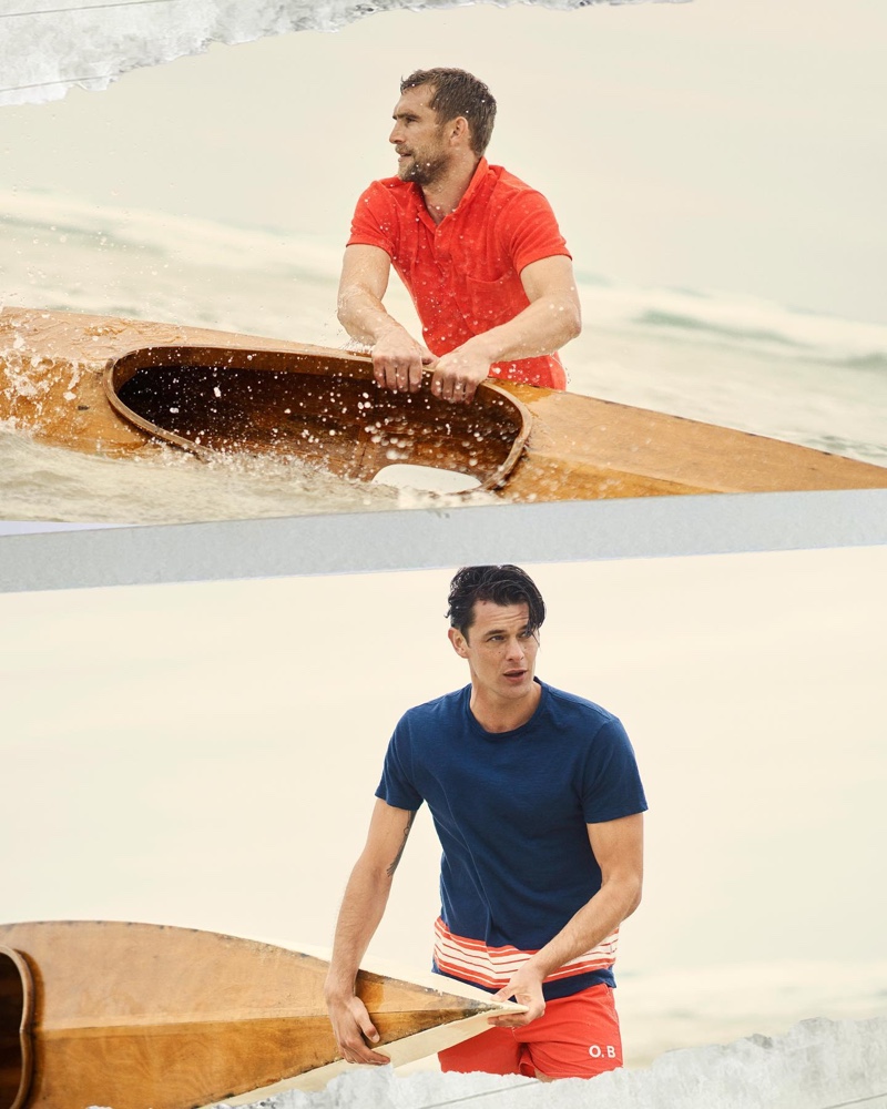 Models Will Chalker and Lewis Jamison hit the beach in Orlebar Brown.