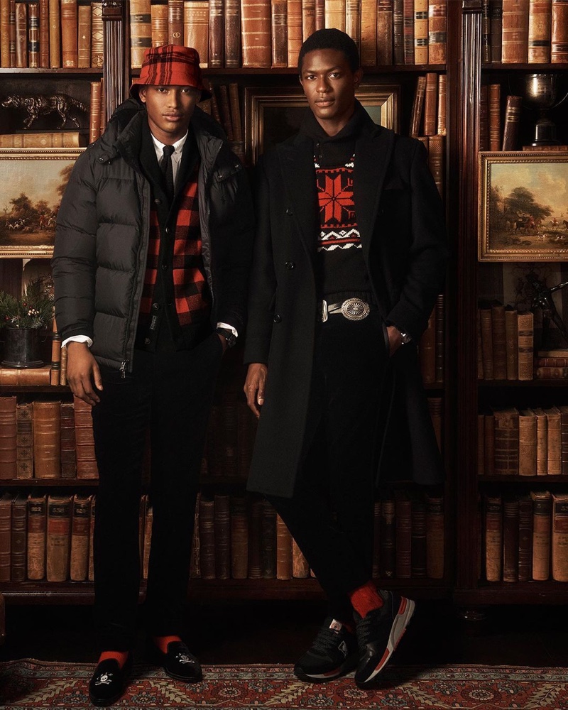 Models Timothy Lewis and Hamid Onifade wear festive looks from POLO Ralph Lauren's holiday 2020 collection.