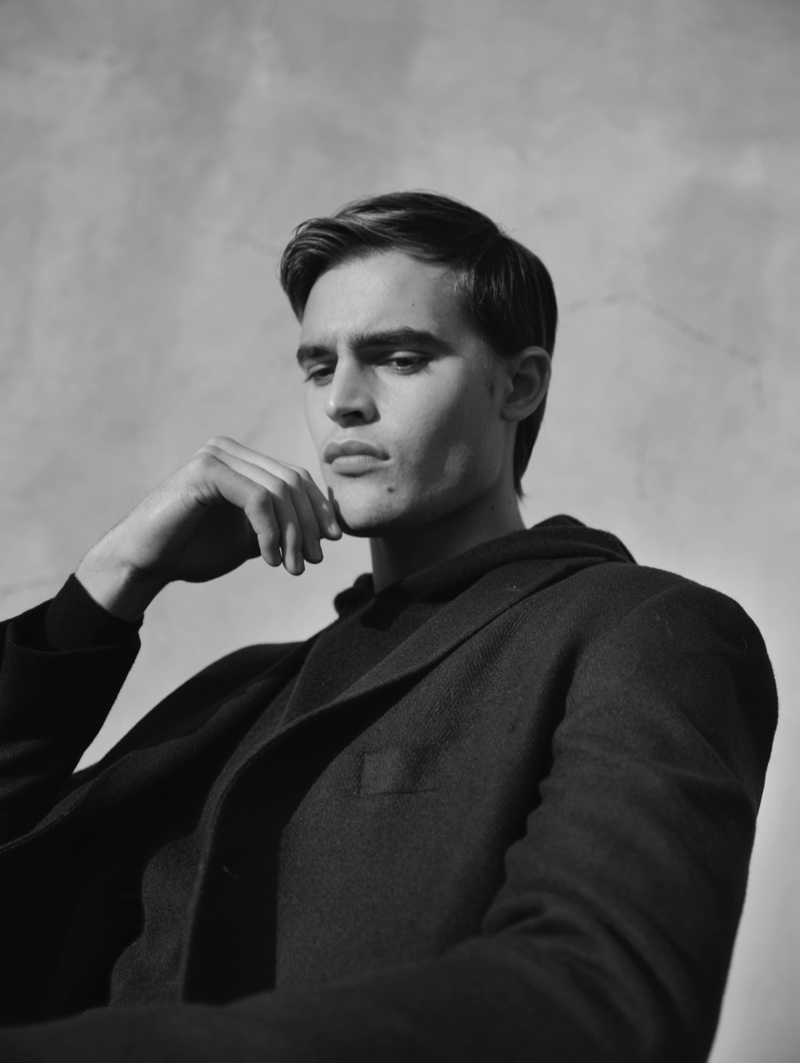 Appearing in a black and white photo, Parker van Noord wears Massimo Dutti.