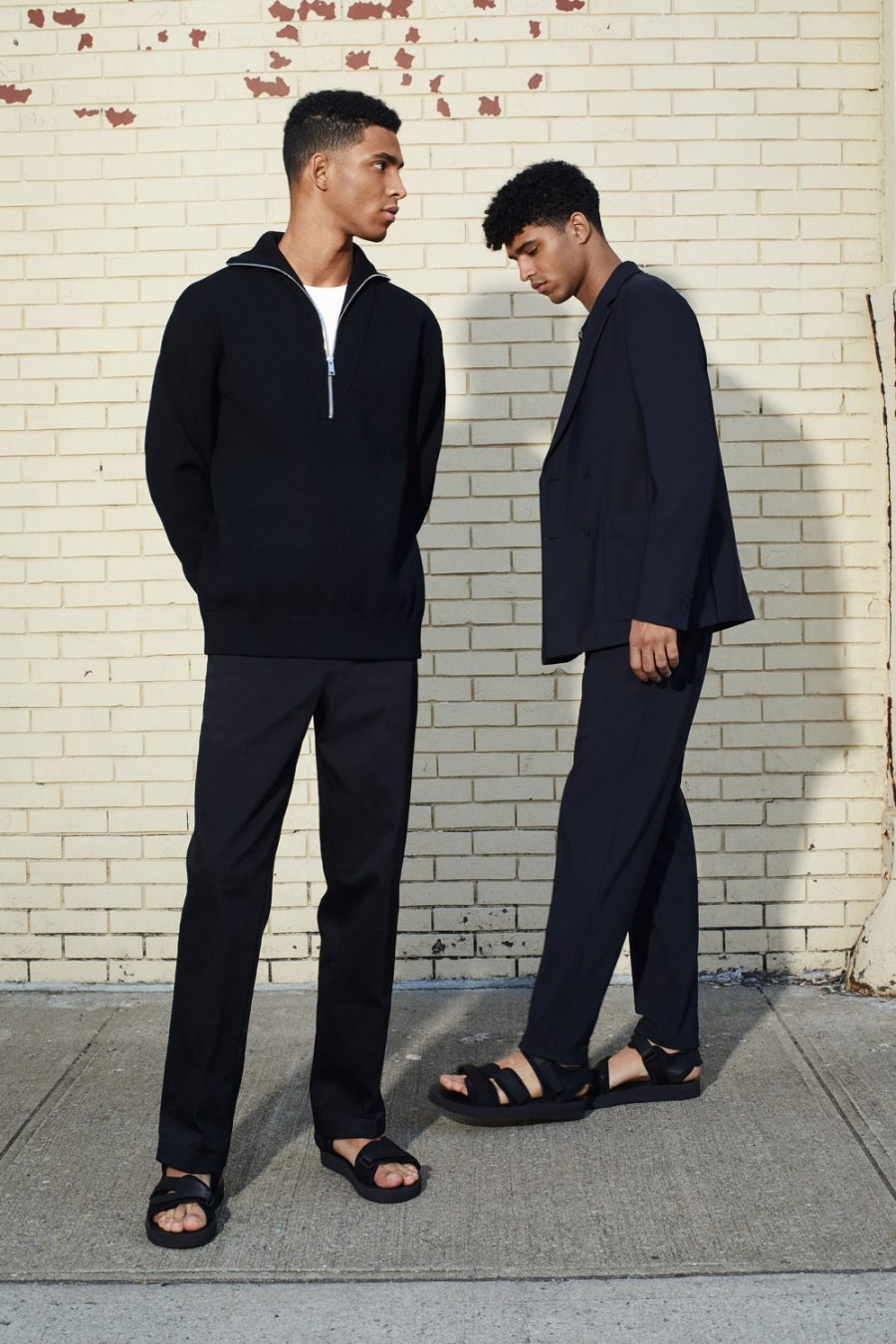 Brothers Jan Carlos and Hector Diaz wear tailored ensembles from Theory's spring-summer 2021 men's collection.