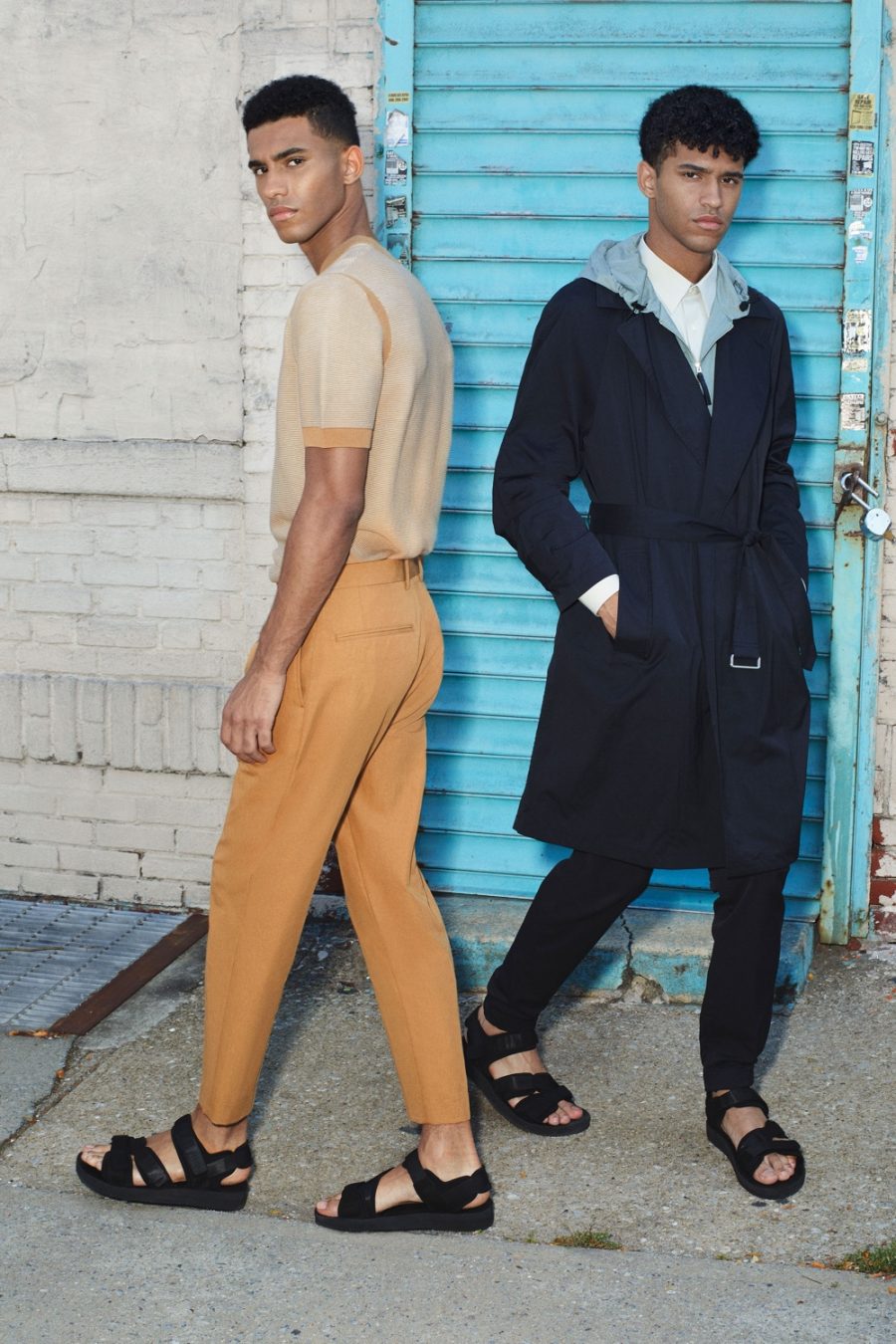 Dressed to impress, models Jan Carlos and Hector Diaz showcase menswear from Theory's spring-summer 2021 collection.