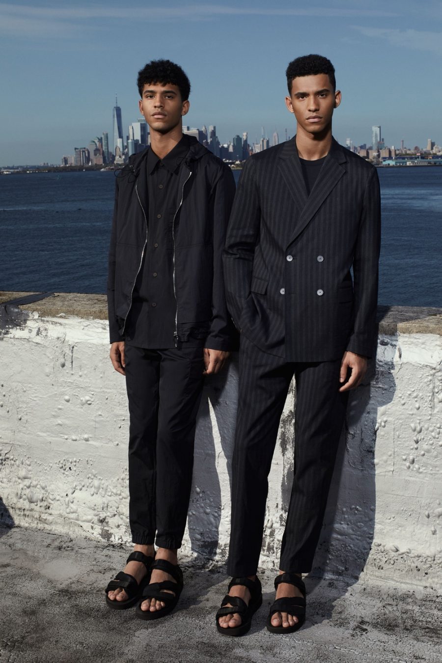 Theory delivers a polished spring-summer 2021 collection with clean lines and classic numbers like a pinstripe suit. Here, models Carlos and Hector Diaz inspire in Theory's menswear.