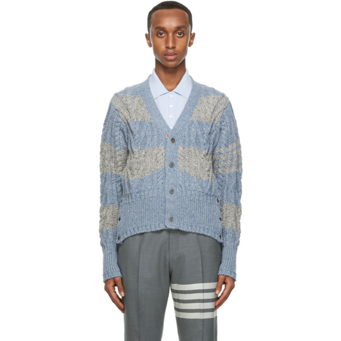 Thom Browne Blue and Grey Mohair Aran Cable 4-Bar Cardigan | The ...