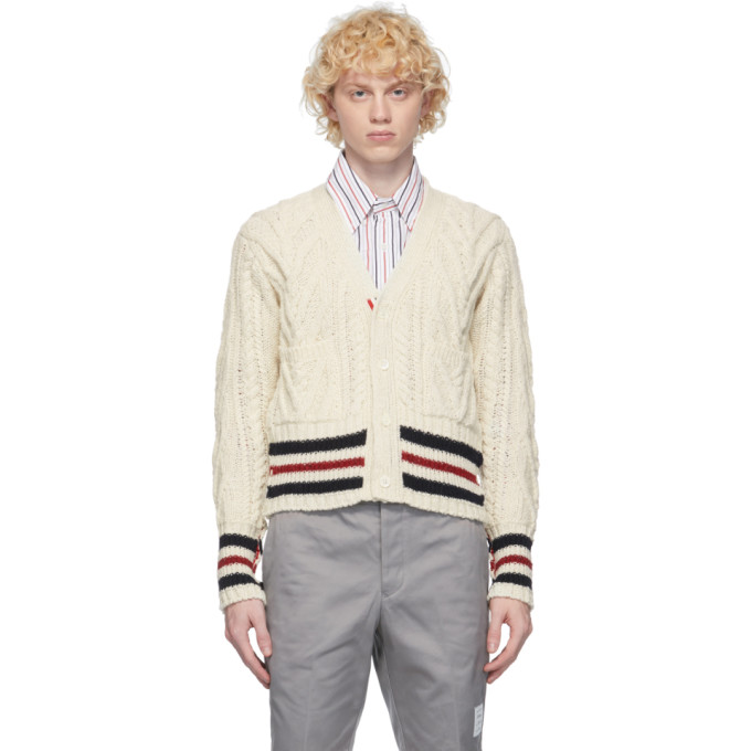 Thom Browne White Aran Cable Stripe Cardigan | The Fashionisto