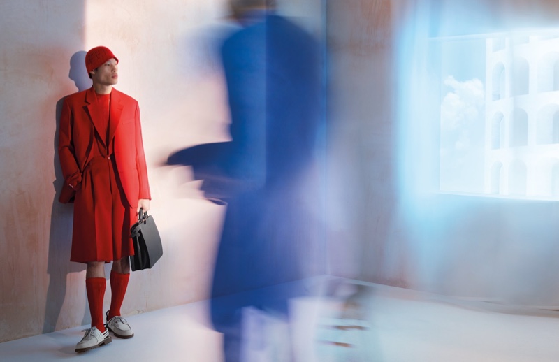 Donning a vibrant red look, Chun Soot fronts Fendi's spring-summer 2021 men's campaign.