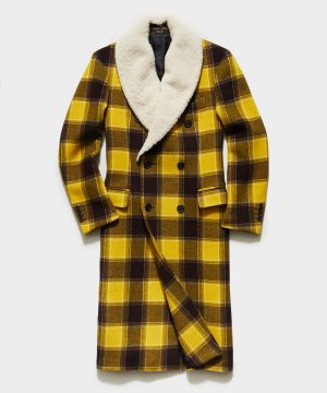 Italian Buffalo Plaid Two Collar Topcoat in Yellow Navy Italian Buffalo Plaid Two Collar Topcoat in Yellow Navy
