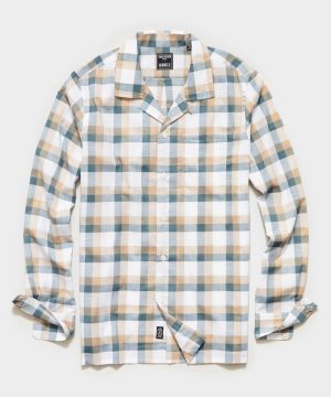 Italian Check Camp Collar Long Sleeve Shirt in Cream Italian Check Camp Collar Long Sleeve Shirt in Cream