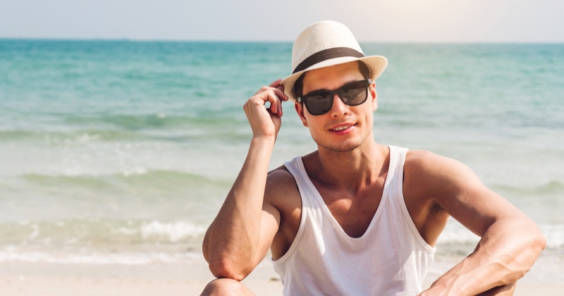 Male Model Beach White Hat Tank Male Model Beach White Hat Tank