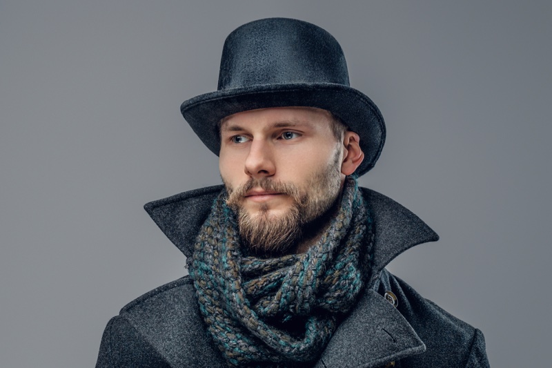 Man Retro Hipster Felt Hat Scarf Closeup