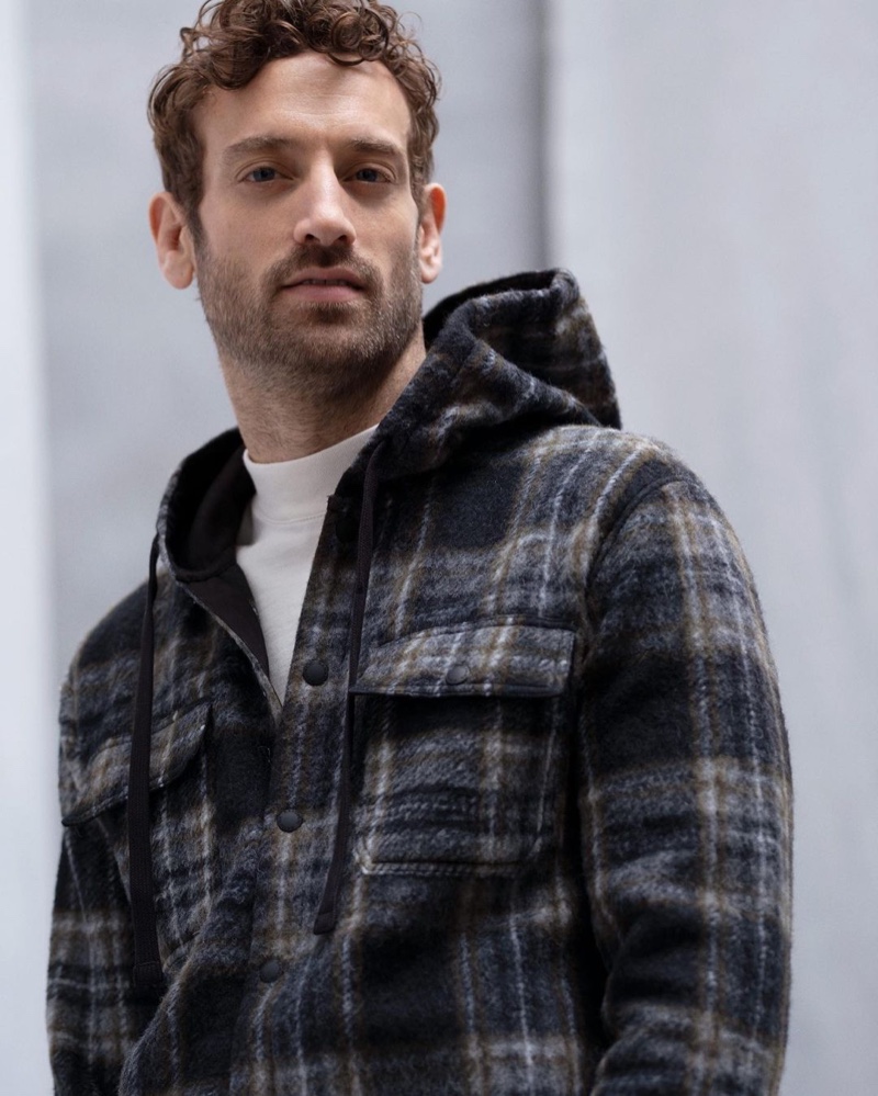 Model Matthew Avedon dons a plaid hooded shirt from Banana Republic.