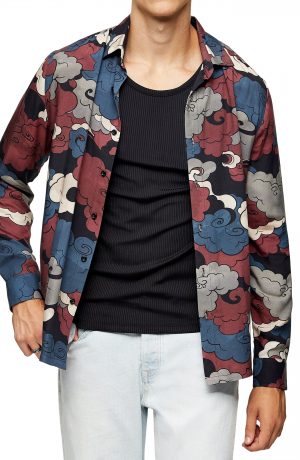 Men's Topman Clouds Slim Fit Button-Up Shirt, Size Large - Burgundy Men's Topman Clouds Slim Fit Button-Up Shirt, Size Large - Burgundy