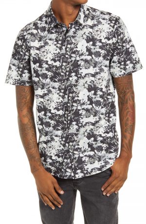 Men's Topman Considered Floral Print Camouflage Short Sleeve Organic Cotton Button-Up Shirt, Size Medium - Black Men's Topman Considered Floral Print Camouflage Short Sleeve Organic Cotton Button-Up Shirt, Size Medium - Black