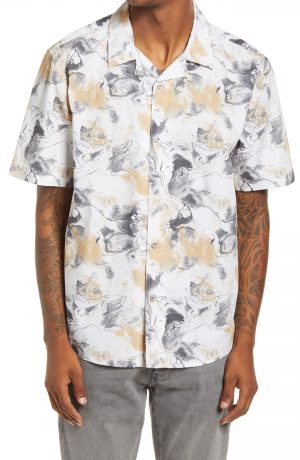 Men's Topman Considered Marble Print Slim Fit Button-Up Camp Shirt, Size XX-Large - Beige Men's Topman Considered Marble Print Slim Fit Button-Up Camp Shirt, Size XX-Large - Beige