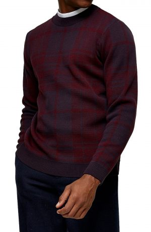 Men's Topman Exploded Check Crewneck Sweater, Size Small - Burgundy Men's Topman Exploded Check Crewneck Sweater, Size Small - Burgundy