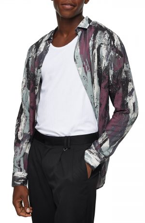 Men's Topman Slim Fit Abstract Paint Print Button-Up Shirt, Size Large - Purple Men's Topman Slim Fit Abstract Paint Print Button-Up Shirt, Size Large - Purple