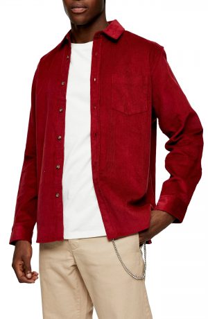 Men's Topman Solid Corduroy Button-Up Shirt, Size X-Small - Burgundy Men's Topman Solid Corduroy Button-Up Shirt, Size X-Small - Burgundy