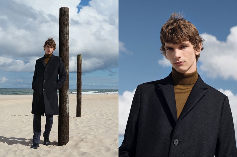 Erik Van Gils is a sleek vision in a wool coat, merino wool turtleneck, and organic cotton trousers from Reserved's Premium Sustainable collection.