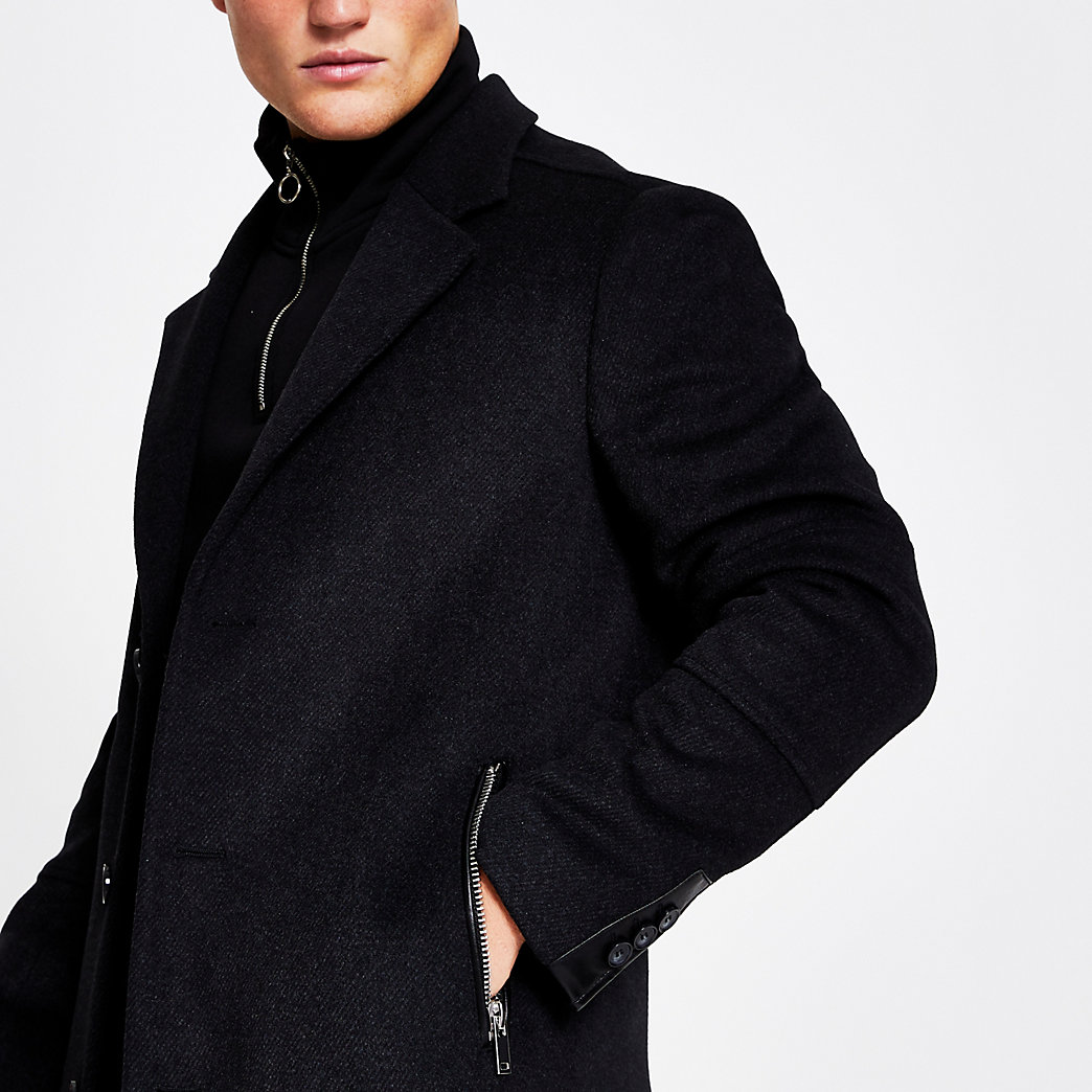 River Island Mens Dark grey wool zip pocket overcoat | The Fashionisto