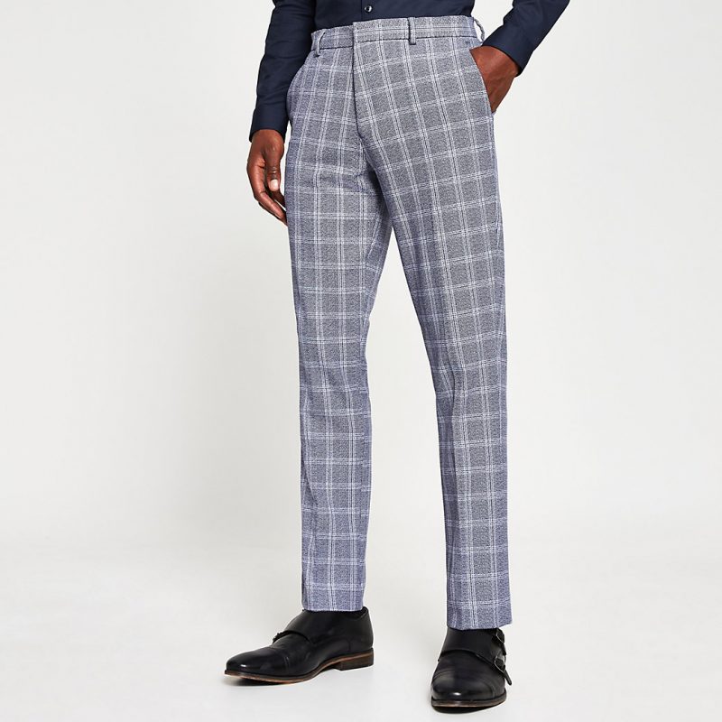 River Island Mens Navy check slim fit trousers | The Fashionisto