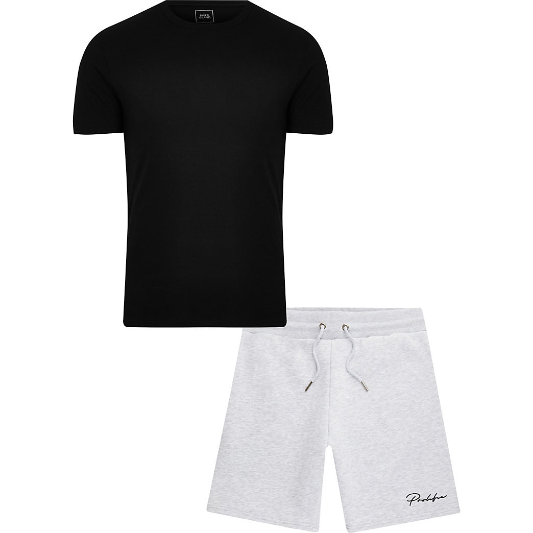 black t shirt and shorts