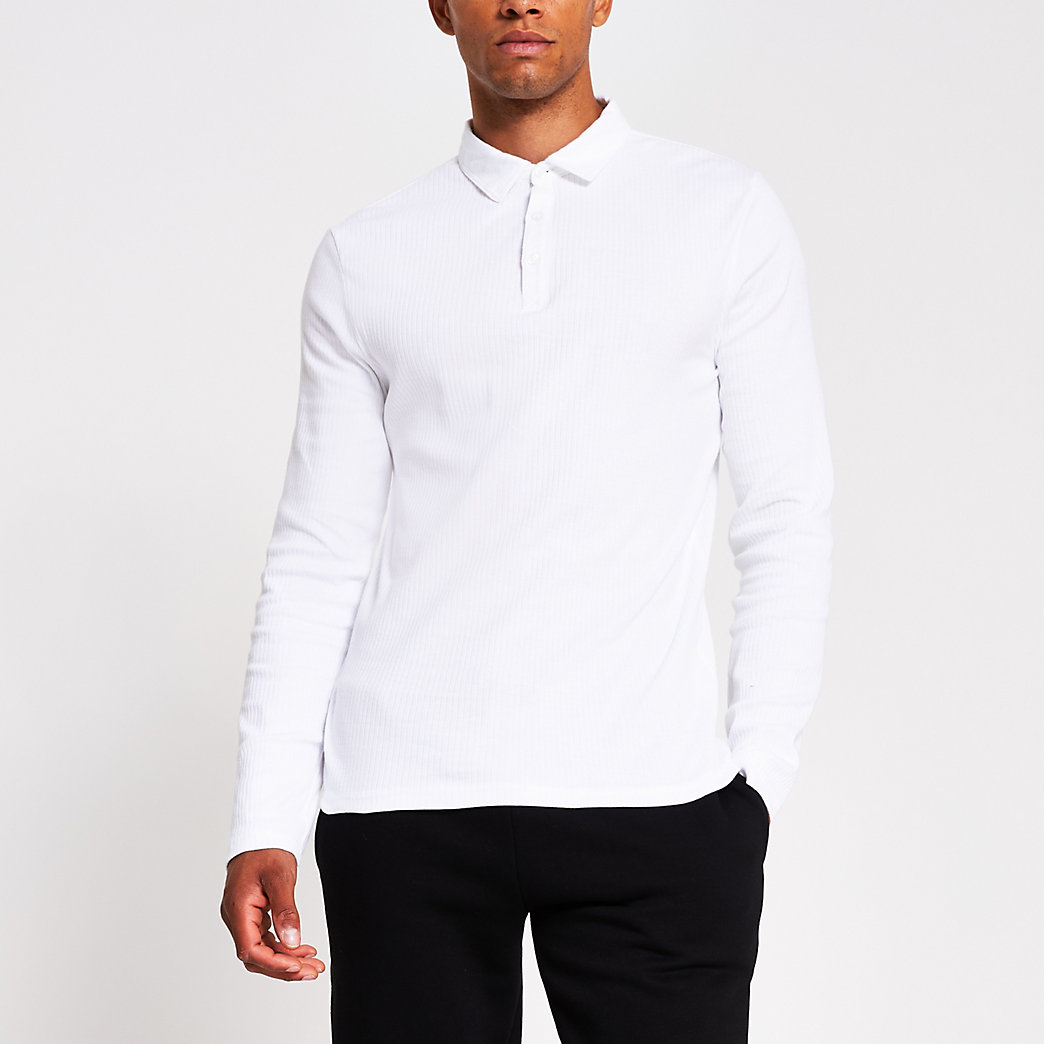 River Island Mens White long sleeve muscle fit rib polo shirt | The ...
