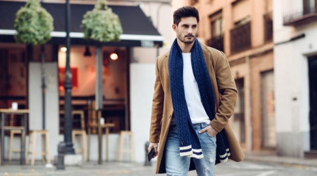 Top Fashion Brands for 2021 Stylish Man Walking Street Scarf Jeans Brown Coat