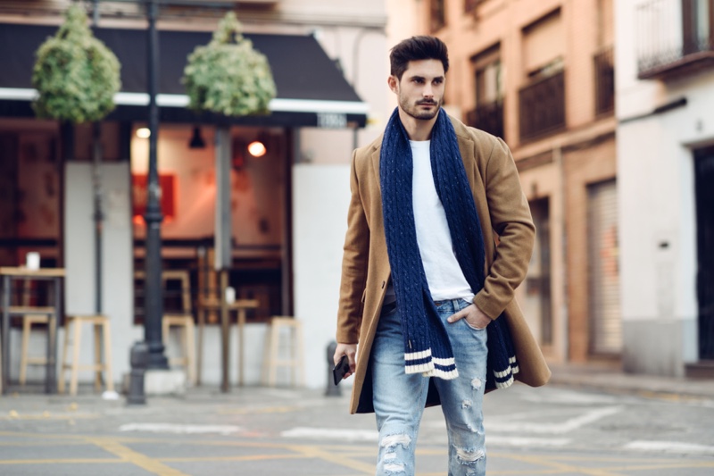 Stylish Man Walking Street Scarf Jeans Brown Coat