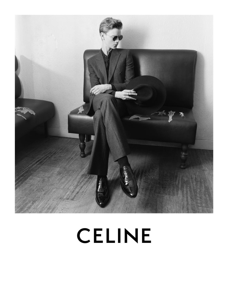 Thomas Brodie-Sangster dons a double-breasted suit for Celine's spring-summer 2021 campaign.