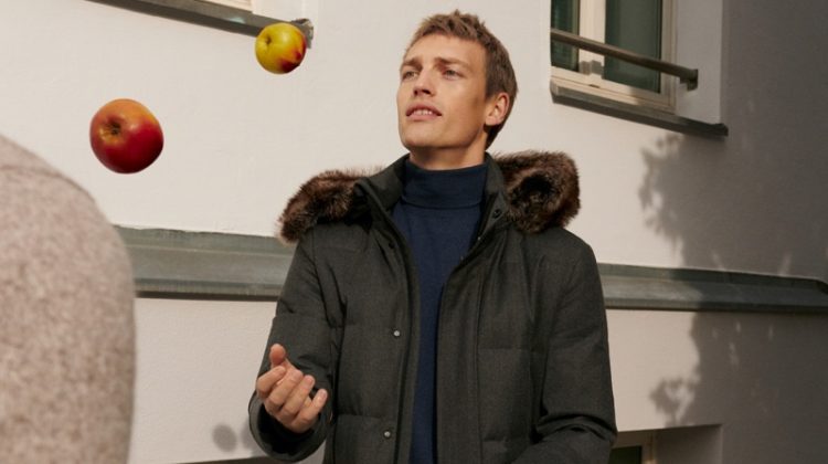 Victor Nylander sports a charcoal-colored winter look from Massimo Dutti.