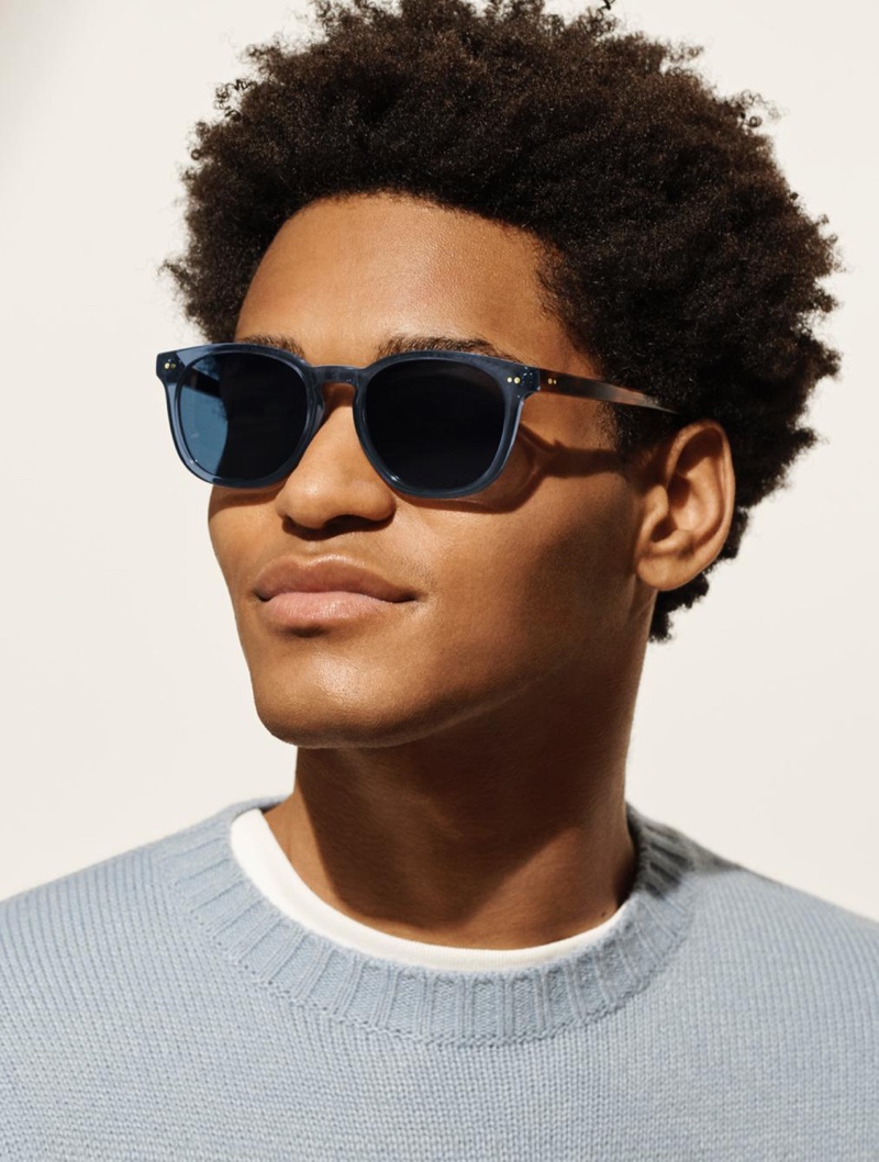 Toddy Warby Parker sunglasses in azure crystal with oak barrel.