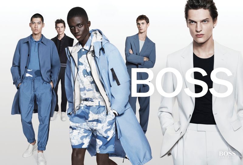 Yun Hoseok, Valentin Caron, Jeremiah Berko-Fourdjour, and Luc Defont-Saviard embrace blue and neutral tones for BOSS's spring-summer 2021 men's campaign.