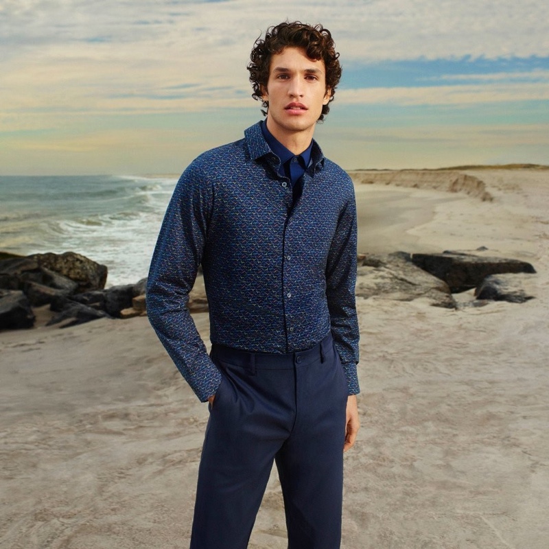 Francisco Henriques takes to the beach for Bugatchi's spring-summer 2021 men's campaign.