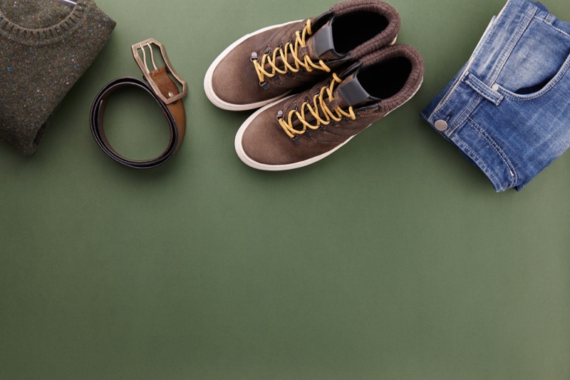 Clothing Sneakers Belt Jeans Green Background Clothing Sneakers belt Jeans Green Background